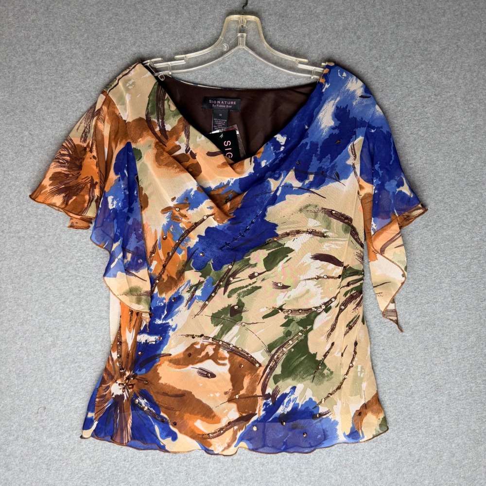 Signature By Robbie Bee Women Blue Copper Floral Beaded Cowl Neck Blouse 14 NWT